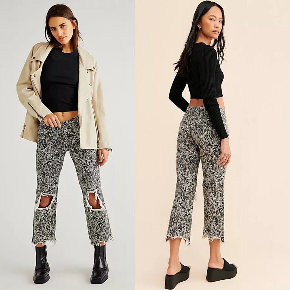 NWT New $108 Free People Maggie Mid-Rise Straight-Leg Printed Jeans SIze 27